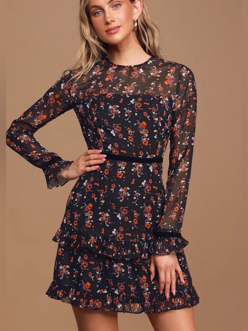 Lulus Floral to See Black Floral Print Long Sleeve Mini Dress